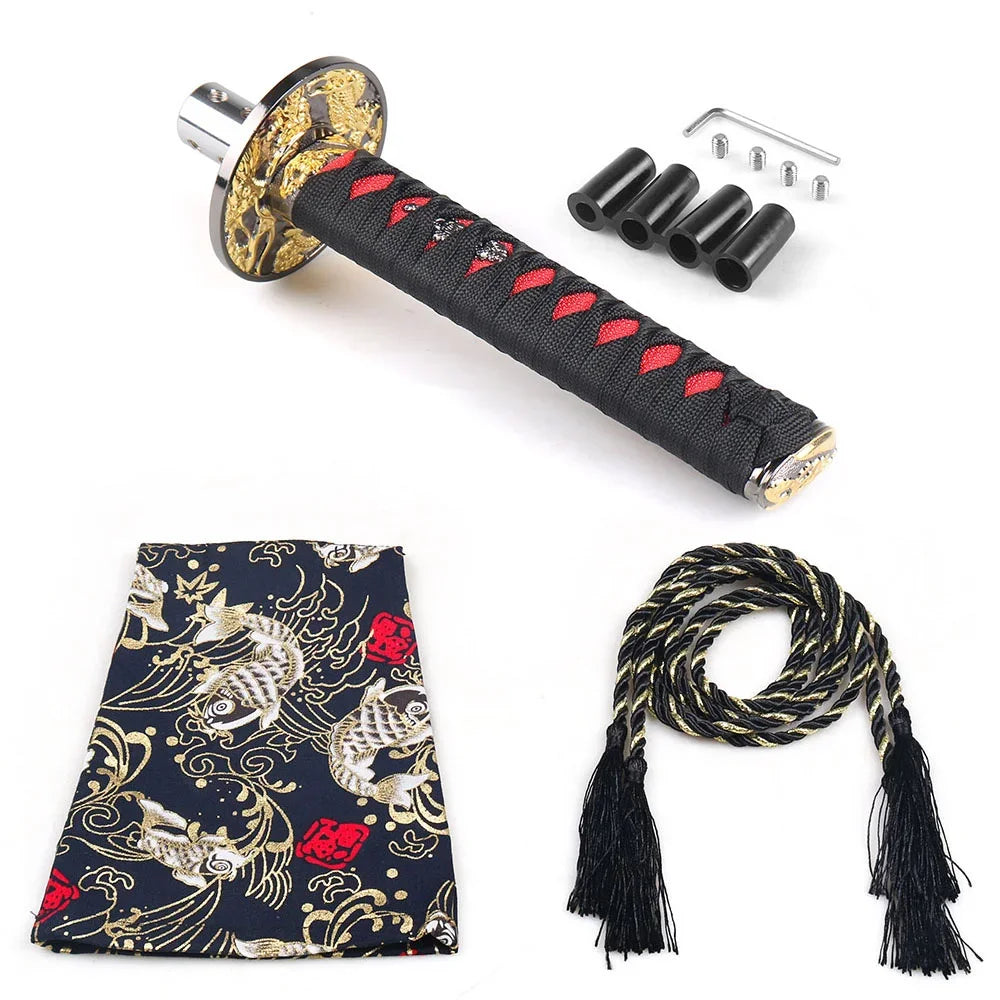Japanese katana style manual shift knobs with wrapped handles in red black beige and blue