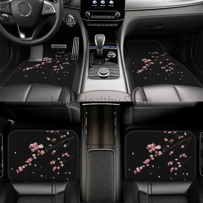 Black car floor mats with pink Japanese cherry blossom sakura design, front and rear set