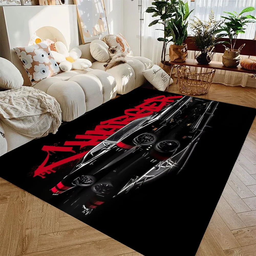 supercar racing area rug featuring multiple red sports cars on a black background in a modern living room