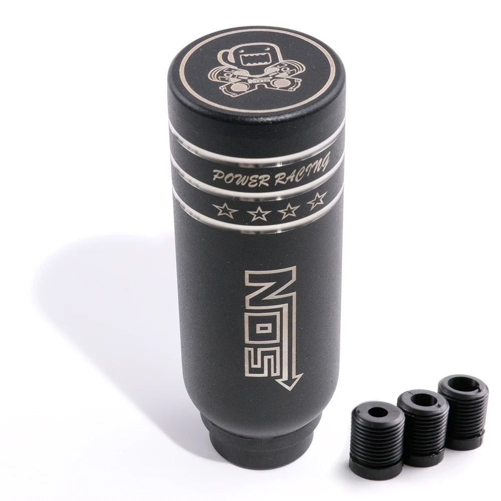 JDM racing manual shift knobs in black, chrome, and rainbow finishes with engraved graphics