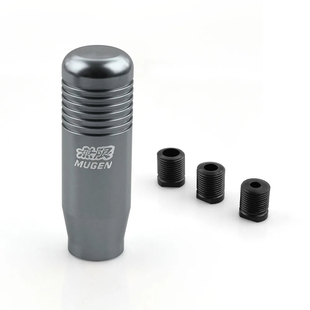 Mugen style JDM manual shift knobs in red, black, silver, blue, and rainbow finishes