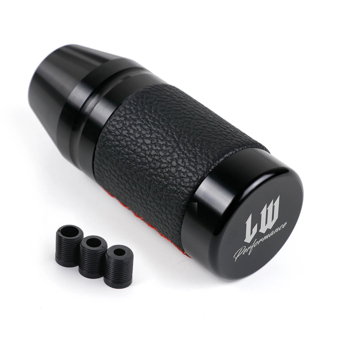 Black leather-style JDM manual shift knob with red stitching and performance design