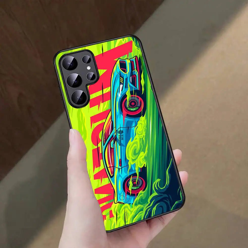 JDM-inspired sports car phone cases featuring colorful blue and pink racing artwork