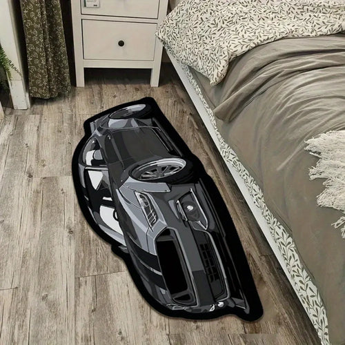 Gray 3D sports car area rug featuring a detailed performance car design on a modern wood floor