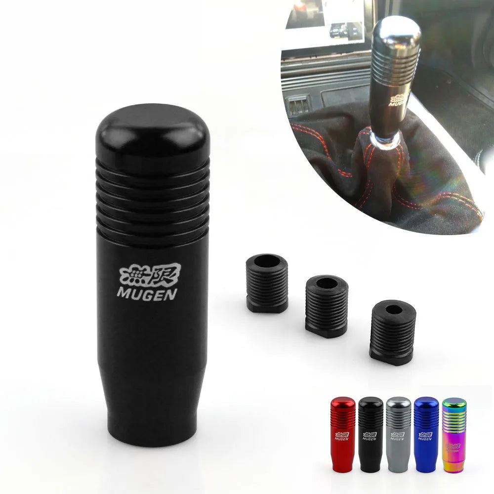 Mugen style JDM manual shift knobs in red, black, silver, blue, and rainbow finishes