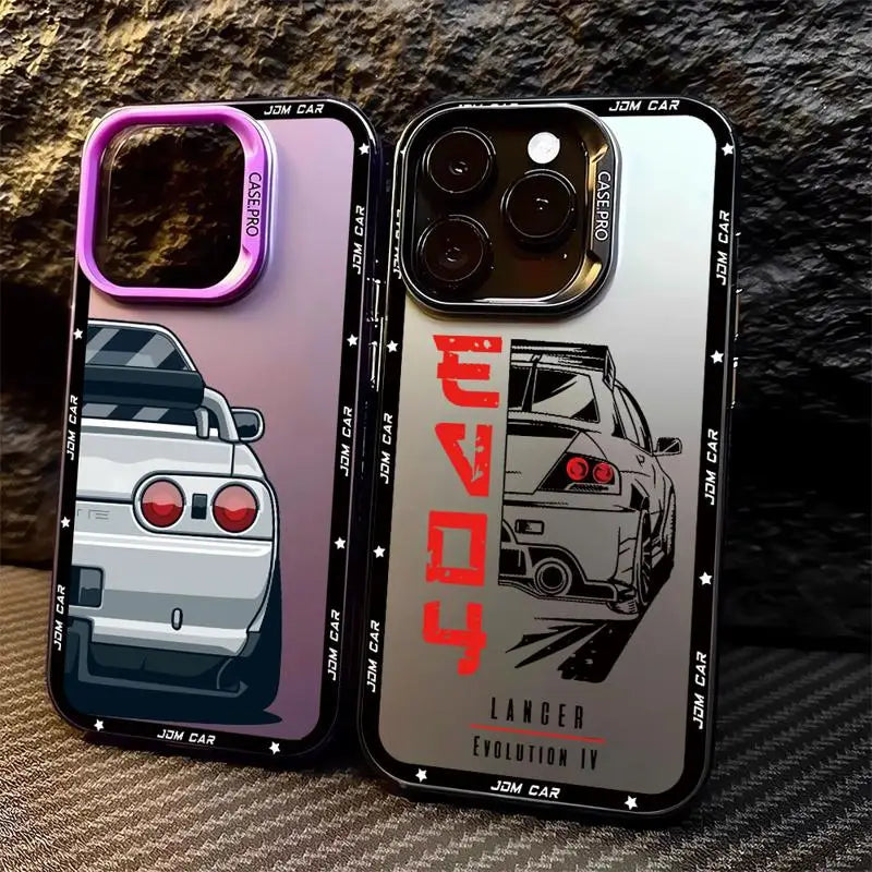JDM phone cases featuring Japanese tuner car artwork with Skyline, Silvia, and Lancer-inspired designs
