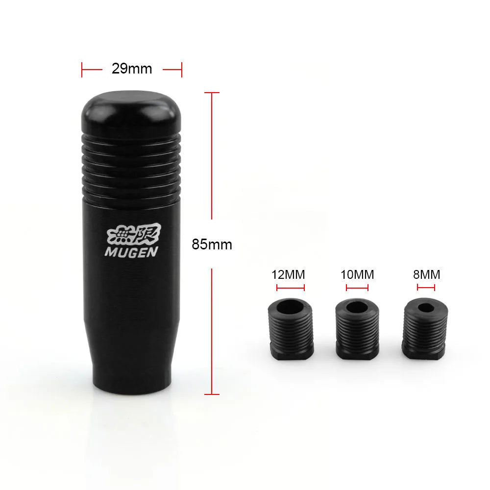 Mugen style JDM manual shift knobs in red, black, silver, blue, and rainbow finishes