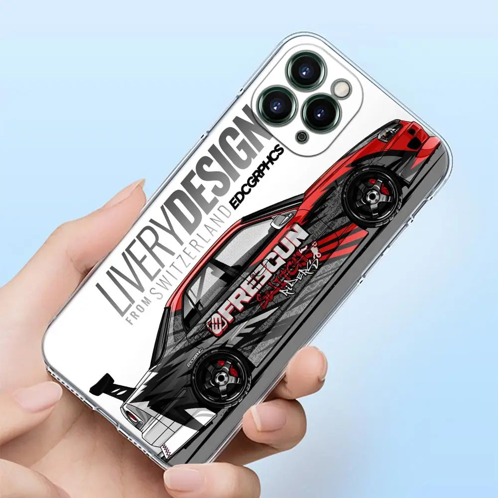 JDM racing phone cases featuring colorful Japanese tuner car artwork and modified sports car designs