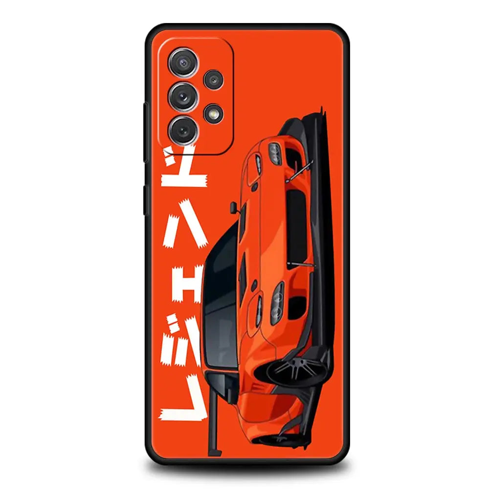 Orange JDM phone case featuring a bright Japanese sports car design
