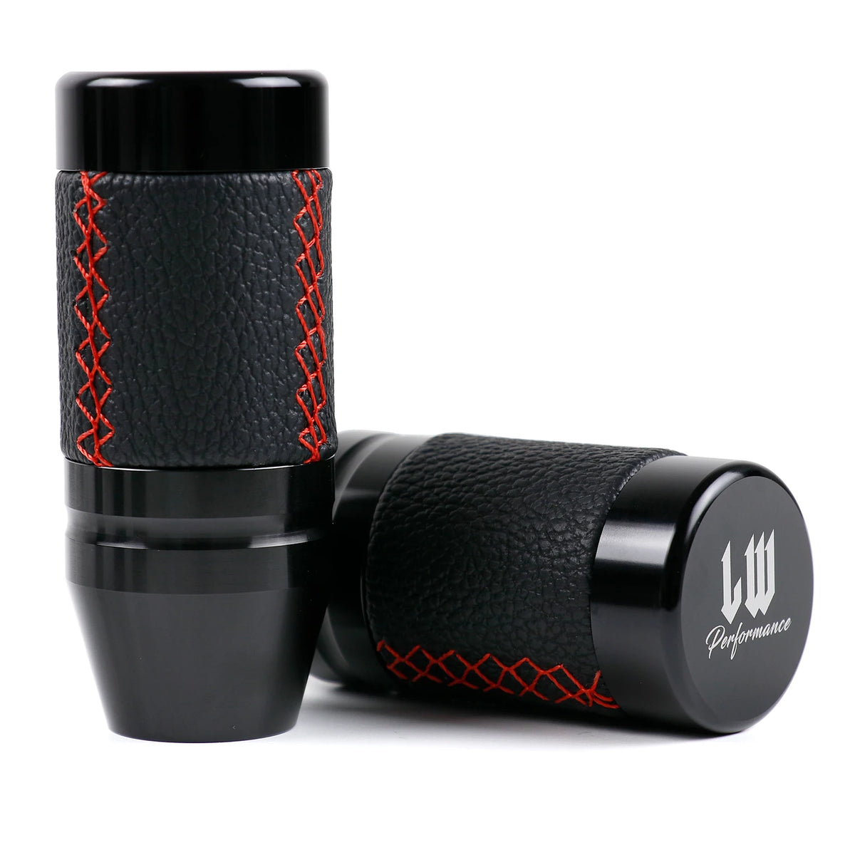 Black leather-style JDM manual shift knob with red stitching and performance design