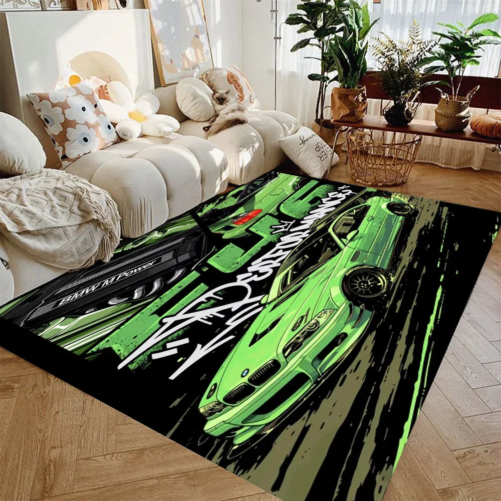 supercar racing area rug featuring multiple red sports cars on a black background in a modern living room