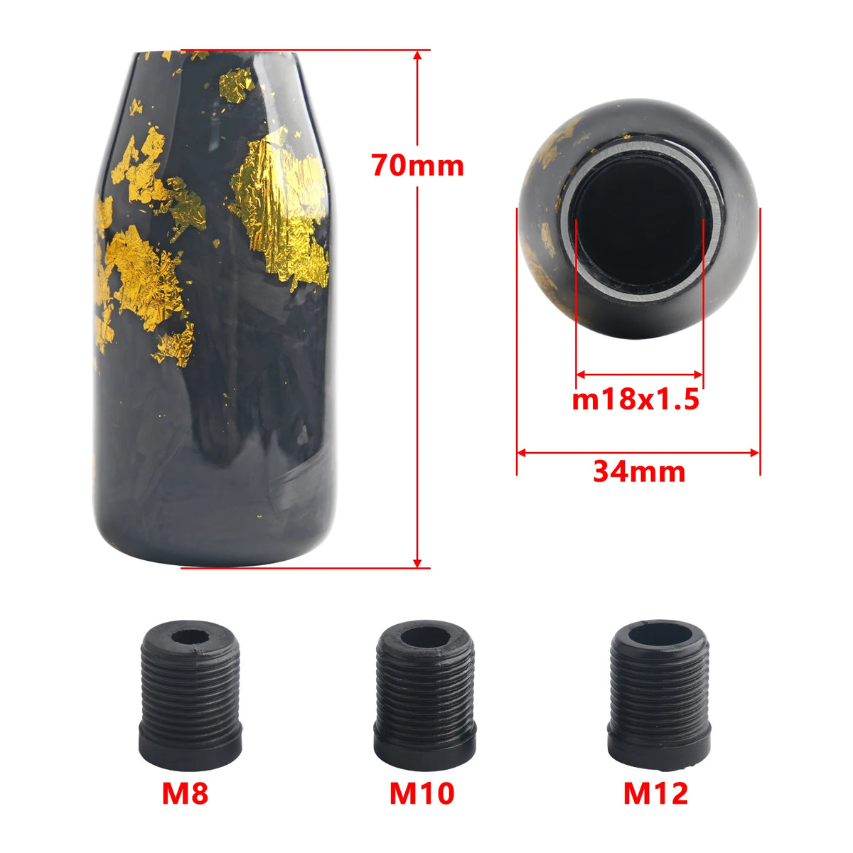 Black resin JDM shift knobs with metallic gold and red accents in round and ergonomic shapes