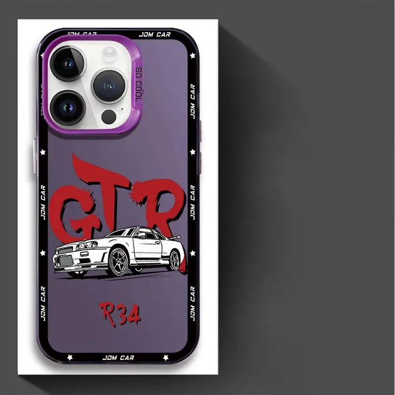JDM phone cases featuring Japanese tuner car artwork with Skyline, Silvia, and Lancer-inspired designs