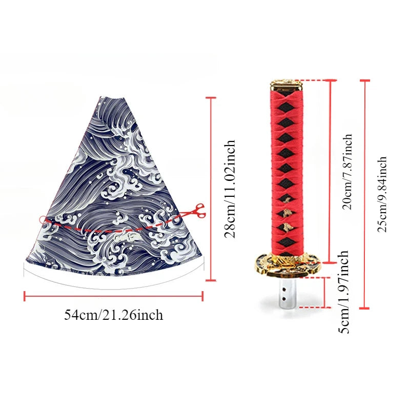 Samurai katana style manual shift knob with wrapped black and red grip installed in a car interior