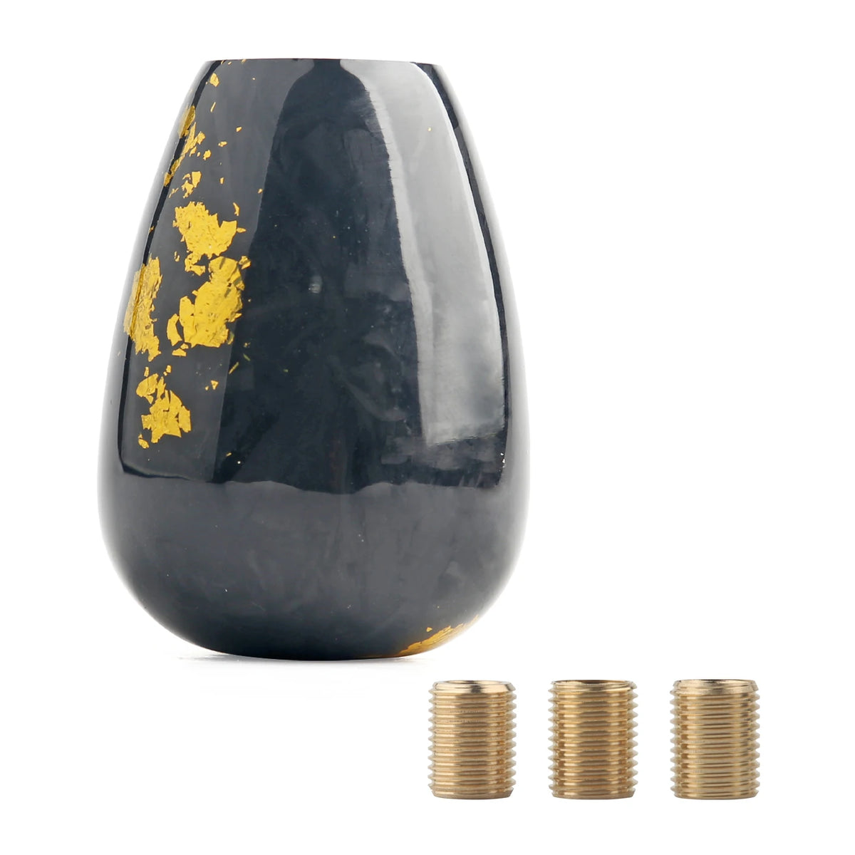 Black resin JDM shift knobs with metallic gold and red accents in round and ergonomic shapes