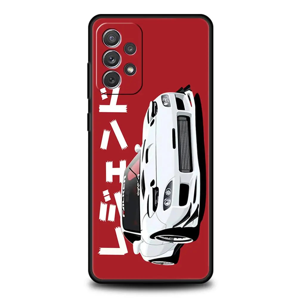 White JDM car phone case featuring Japanese sports car graphics