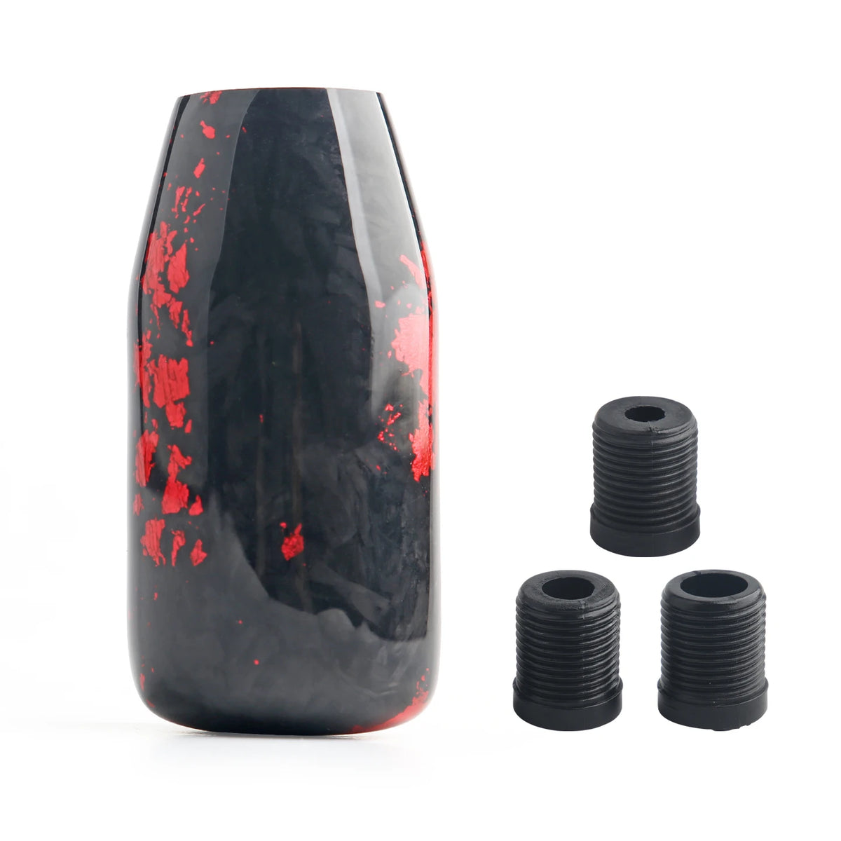 Black resin JDM shift knobs with metallic gold and red accents in round and ergonomic shapes