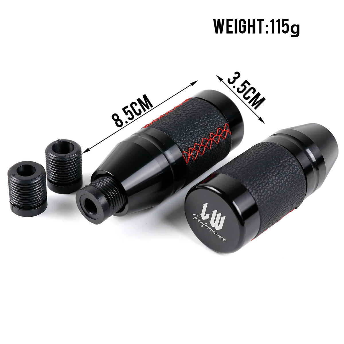 Black leather-style JDM manual shift knob with red stitching and performance design