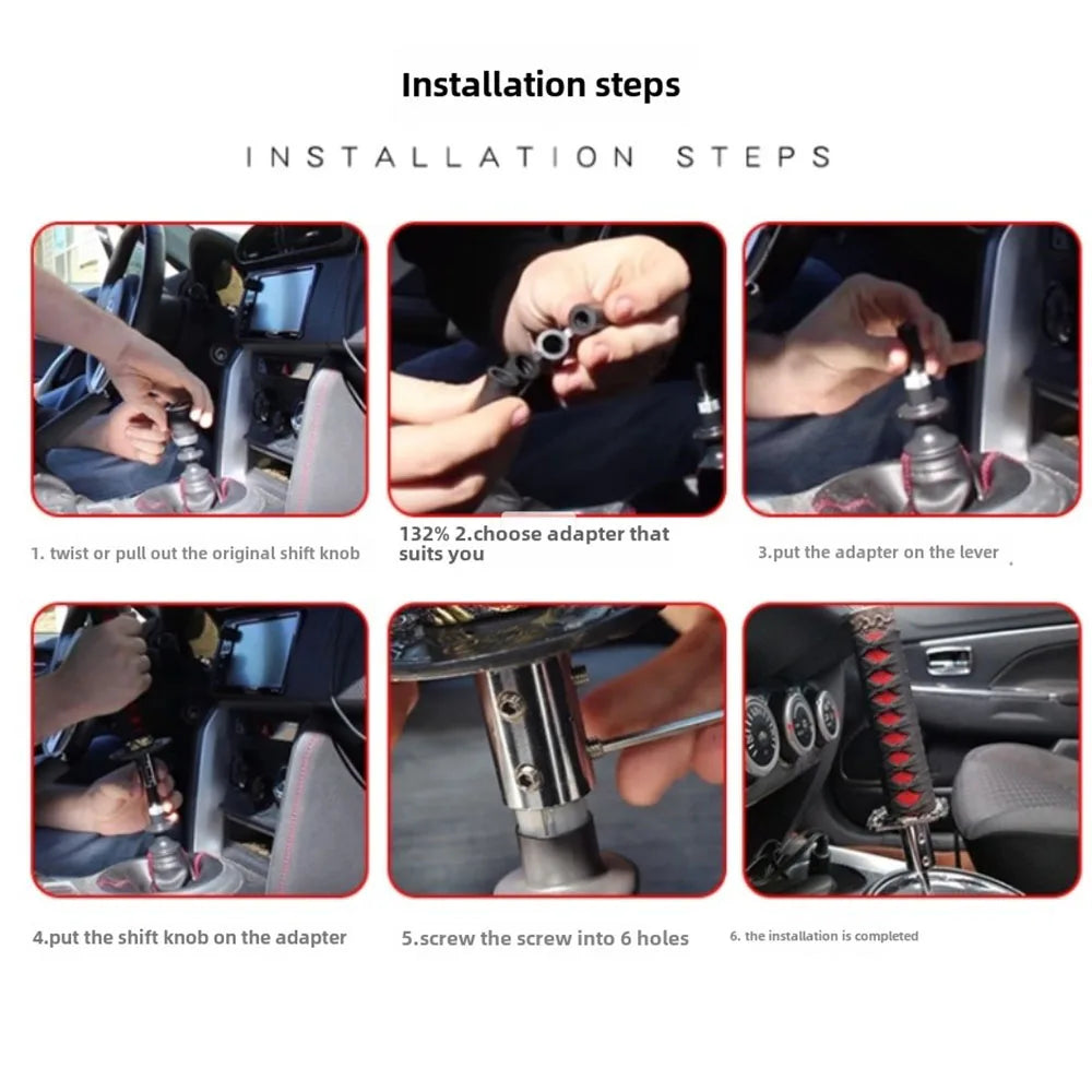 Samurai katana style manual shift knob with wrapped black and red grip installed in a car interior