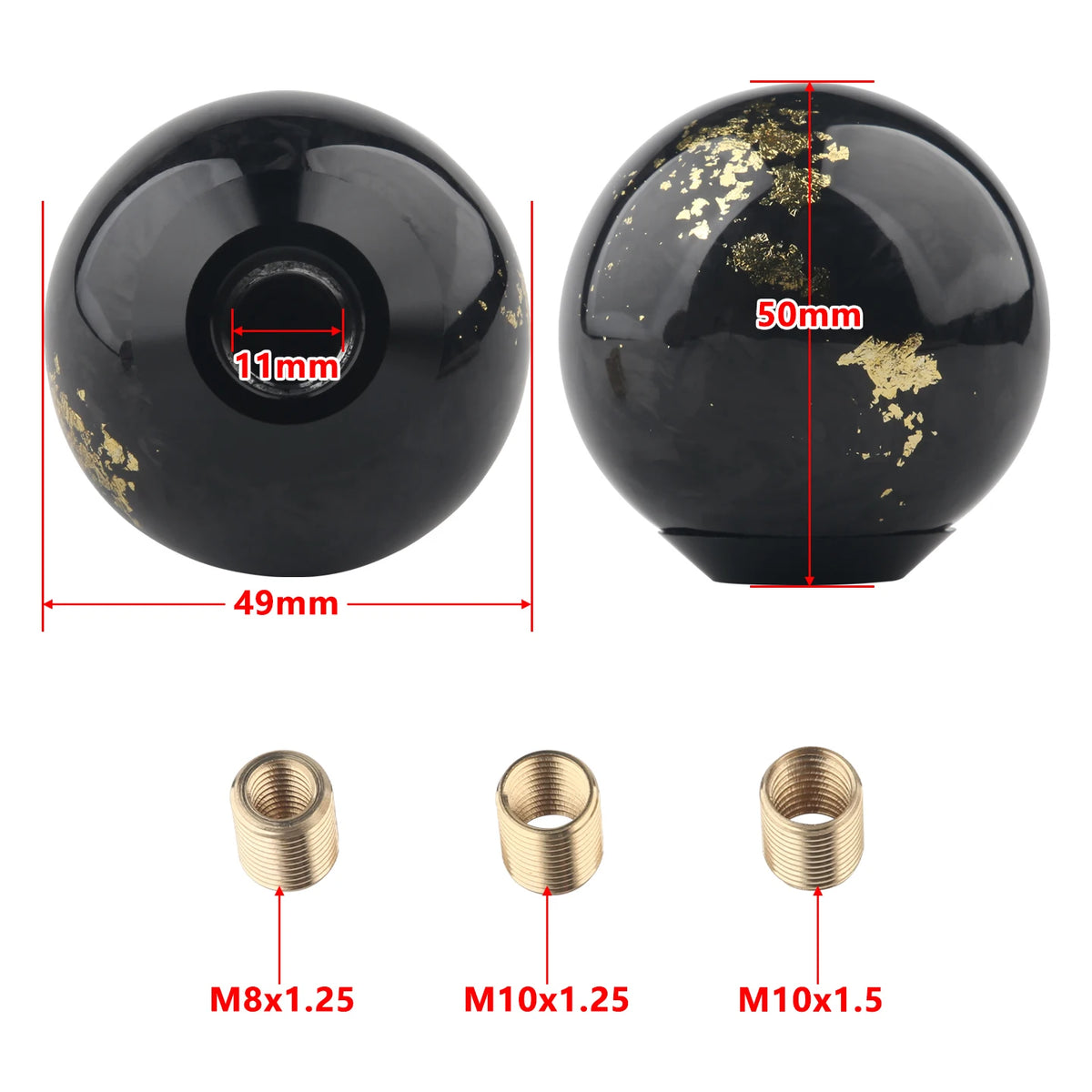 Black resin JDM shift knobs with metallic gold and red accents in round and ergonomic shapes