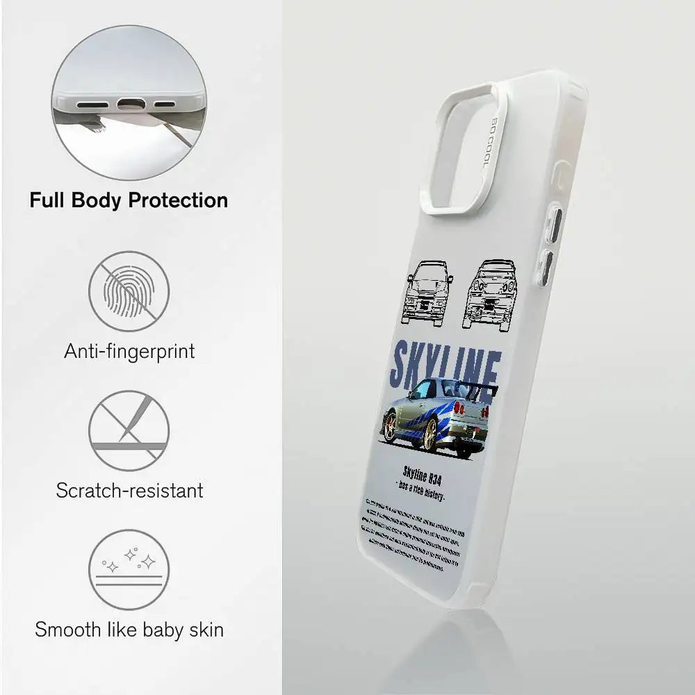 Nissan Skyline R34 phone cases featuring blue and purple JDM car artwork, technical illustrations, and automotive photography
