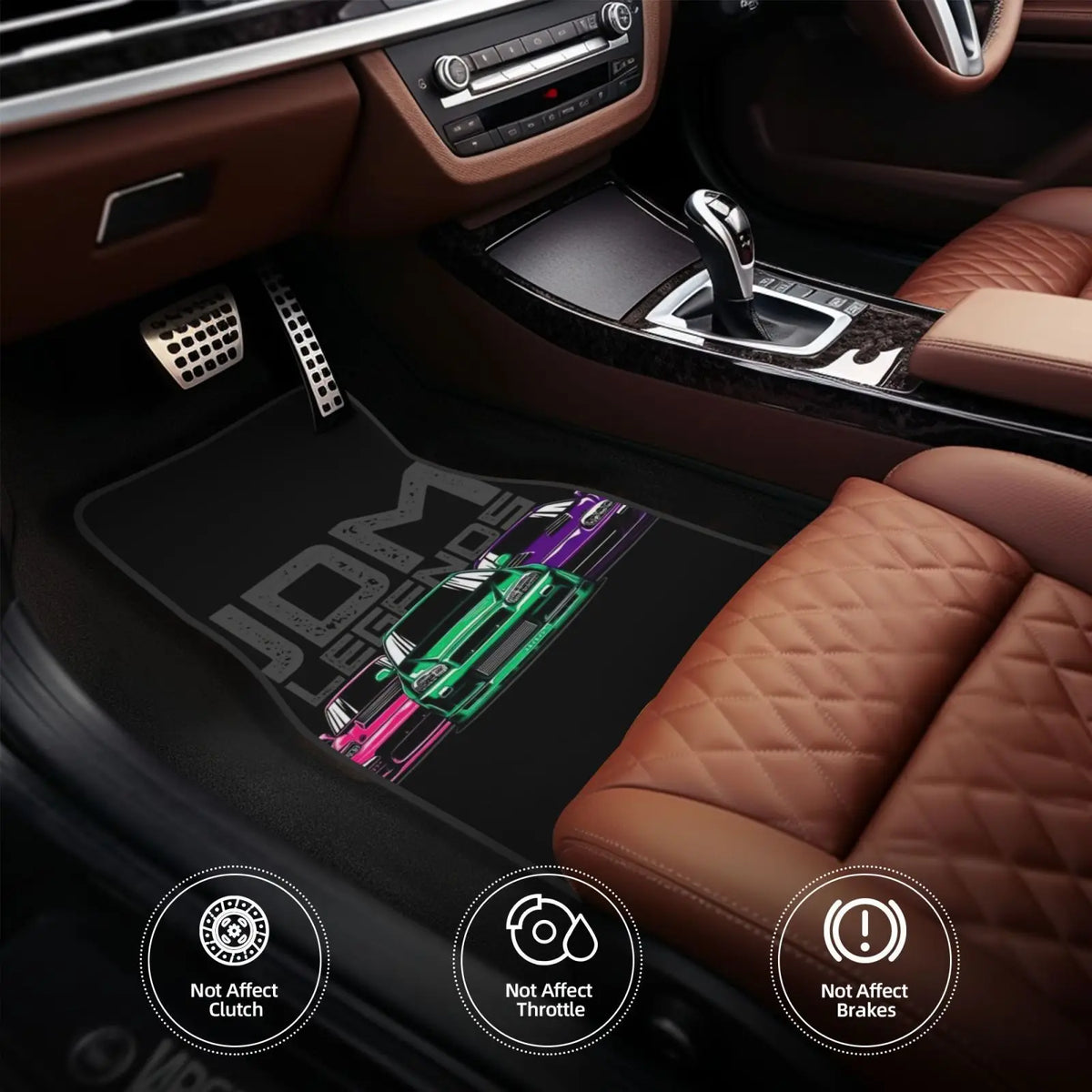 JDM Legends car floor mats featuring colorful Japanese sports cars on a black background inside a vehicle interior