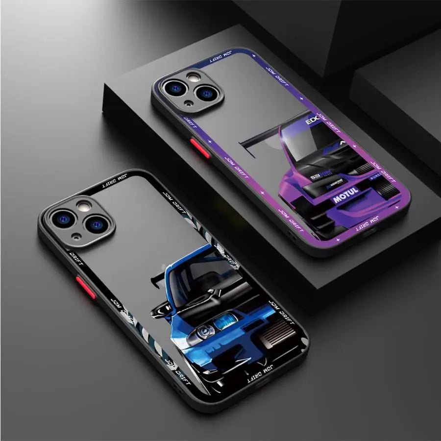 JDM racing phone cases featuring modified blue and purple sports car artwork with motorsport styling