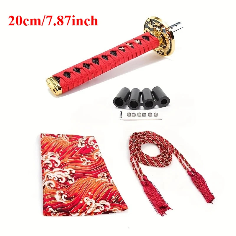 Samurai katana style manual shift knob with wrapped black and red grip installed in a car interior