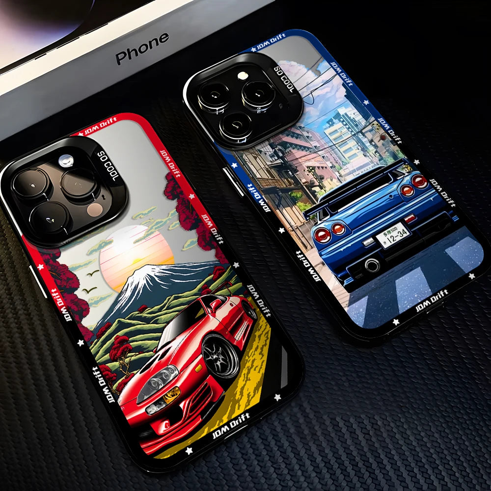 JDM drift phone cases featuring Japanese street racing artwork, performance cars, and mountain-inspired graphics