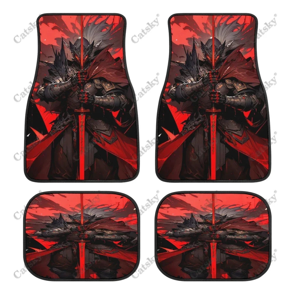 Black car floor mats featuring a bold red and white Japanese samurai warrior design, front and rear set