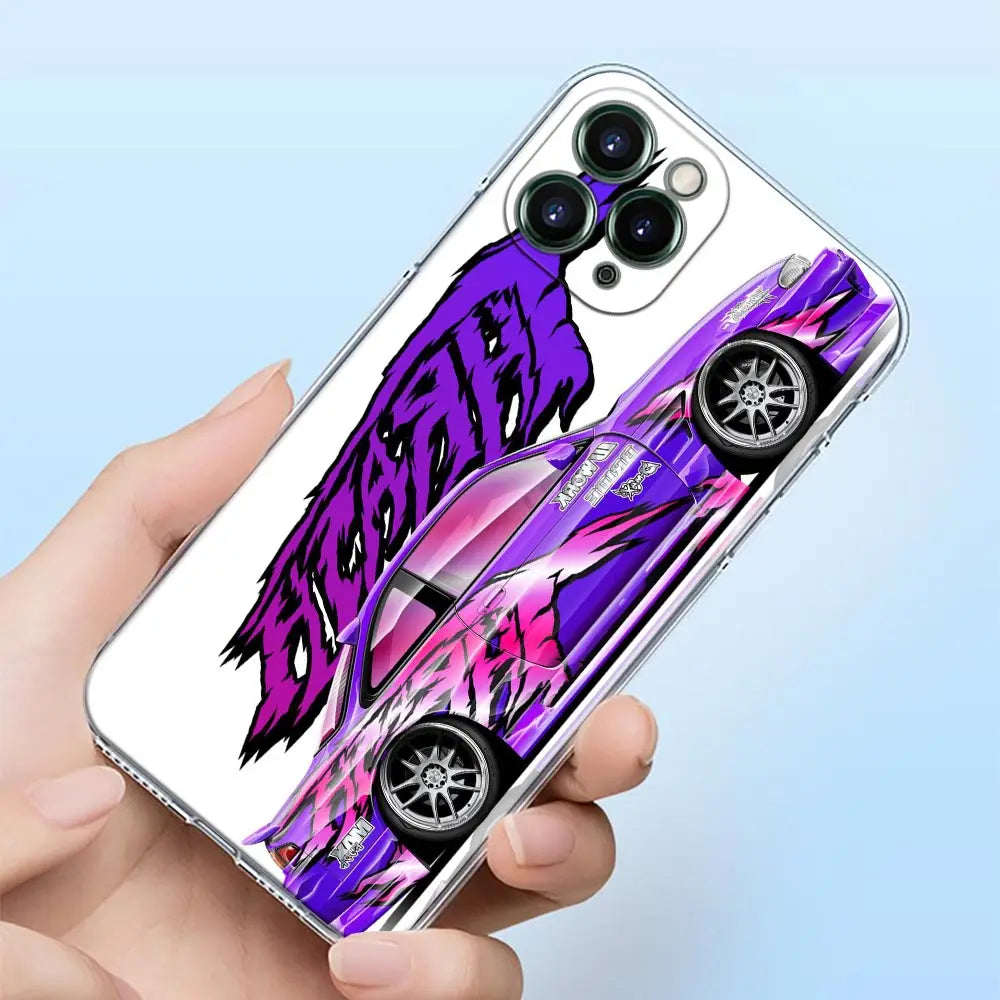 JDM racing phone cases featuring colorful Japanese tuner car artwork and modified sports car designs