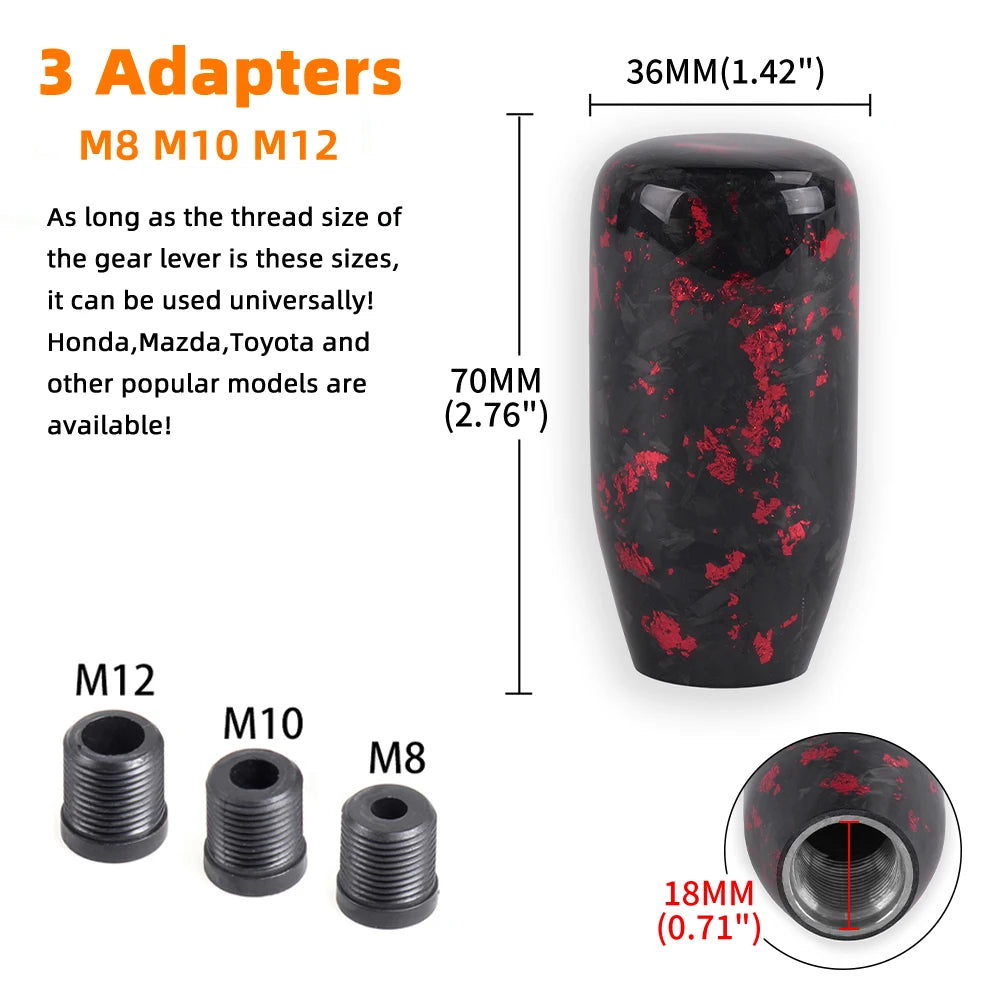 Black and red JDM resin-style manual shift knob with threaded adapters and multiple design options