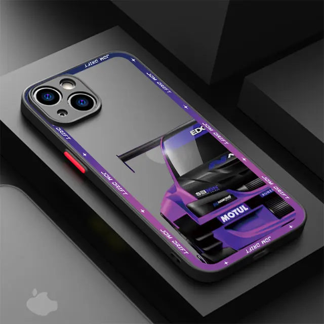 JDM racing phone cases featuring modified blue and purple sports car artwork with motorsport styling