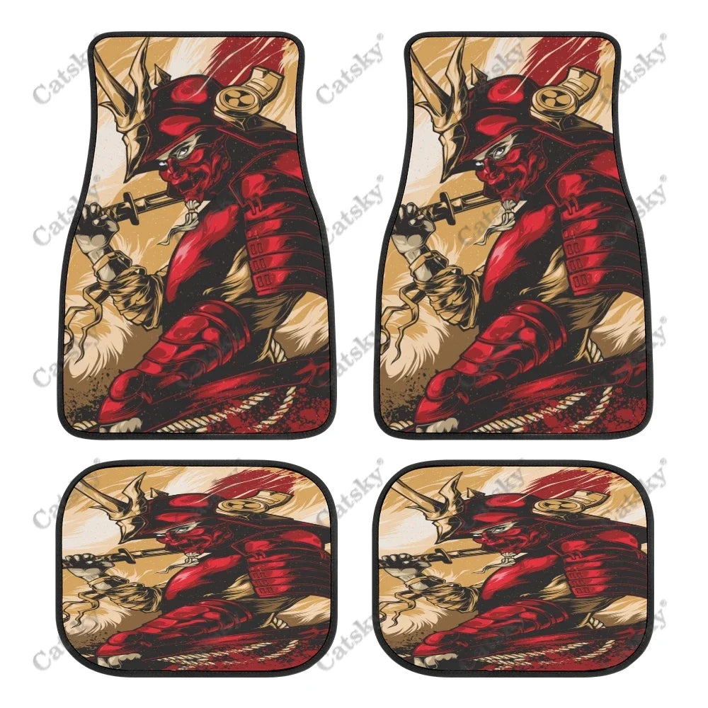 Black car floor mats featuring a bold red and white Japanese samurai warrior design, front and rear set