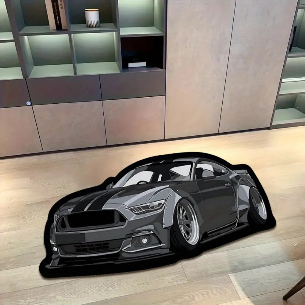 Gray 3D sports car area rug featuring a detailed performance car design on a modern wood floor