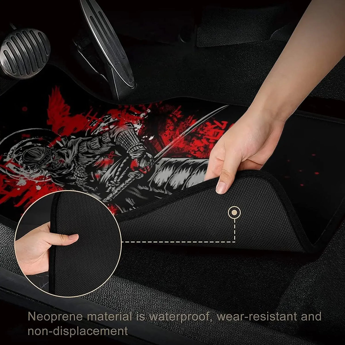 Black car floor mats featuring a bold red and white Japanese samurai warrior design, front and rear set