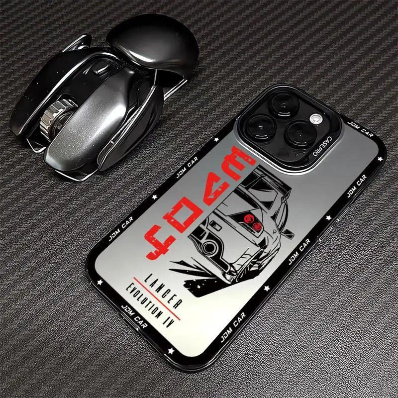 JDM phone cases featuring Japanese tuner car artwork with Skyline, Silvia, and Lancer-inspired designs