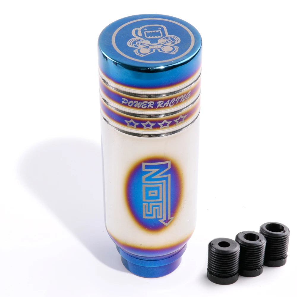 JDM racing manual shift knobs in black, chrome, and rainbow finishes with engraved graphics