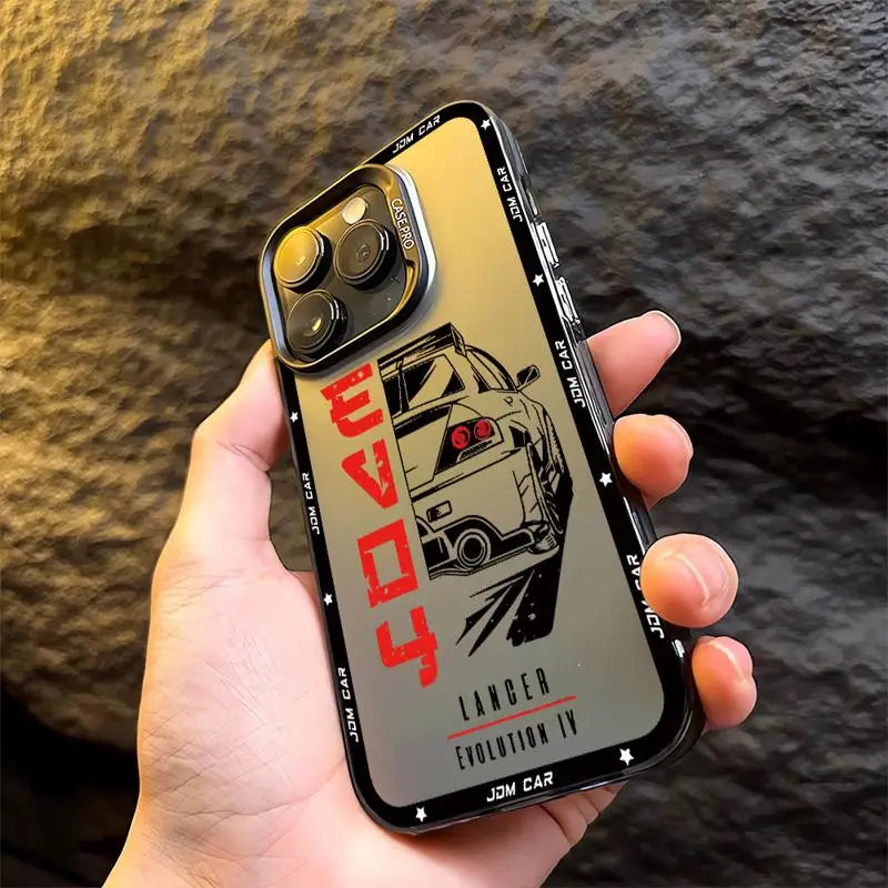 JDM phone cases featuring Japanese tuner car artwork with Skyline, Silvia, and Lancer-inspired designs