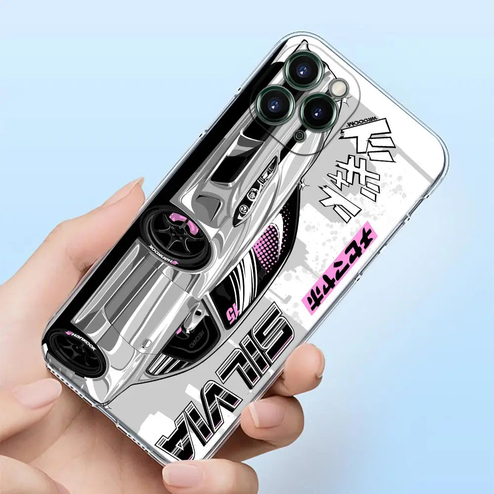JDM racing phone cases featuring colorful Japanese tuner car artwork and modified sports car designs