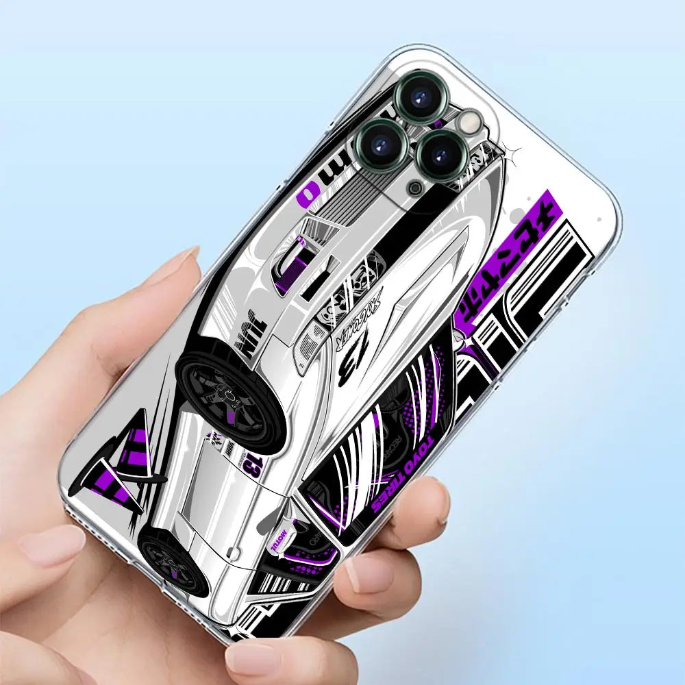 JDM racing phone cases featuring colorful Japanese tuner car artwork and modified sports car designs