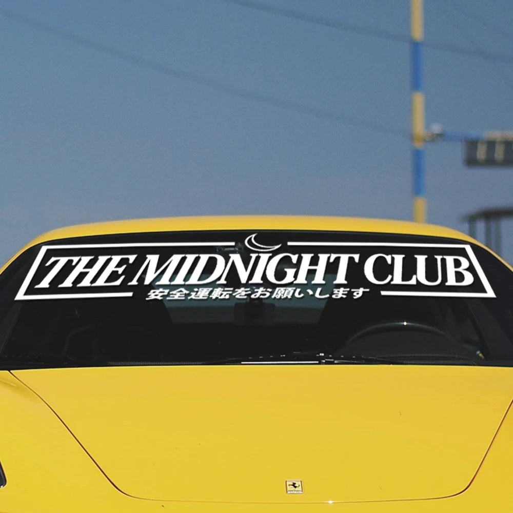  Midnight Club windshield sticker with crescent moon and Japanese text on a sports car