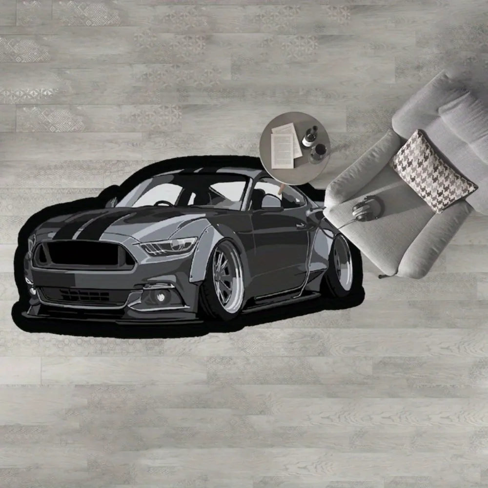 Gray 3D sports car area rug featuring a detailed performance car design on a modern wood floor