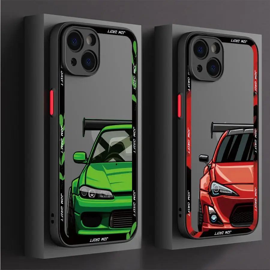 JDM racing phone cases featuring modified blue and purple sports car artwork with motorsport styling