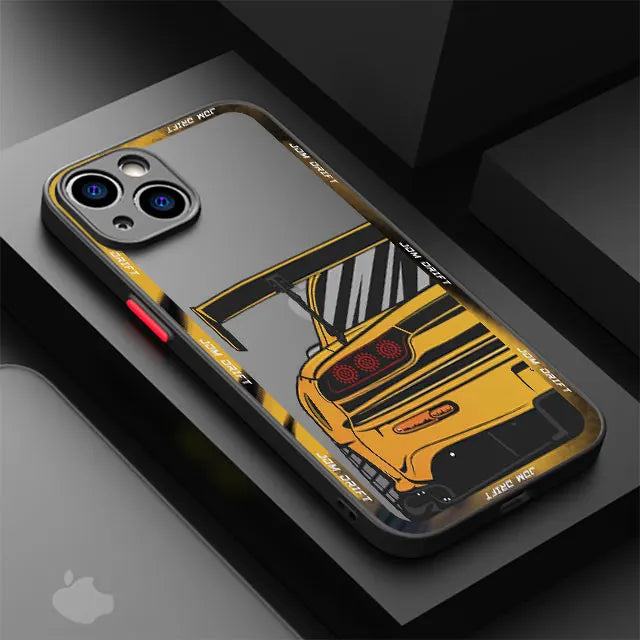 JDM racing phone cases featuring modified blue and purple sports car artwork with motorsport styling