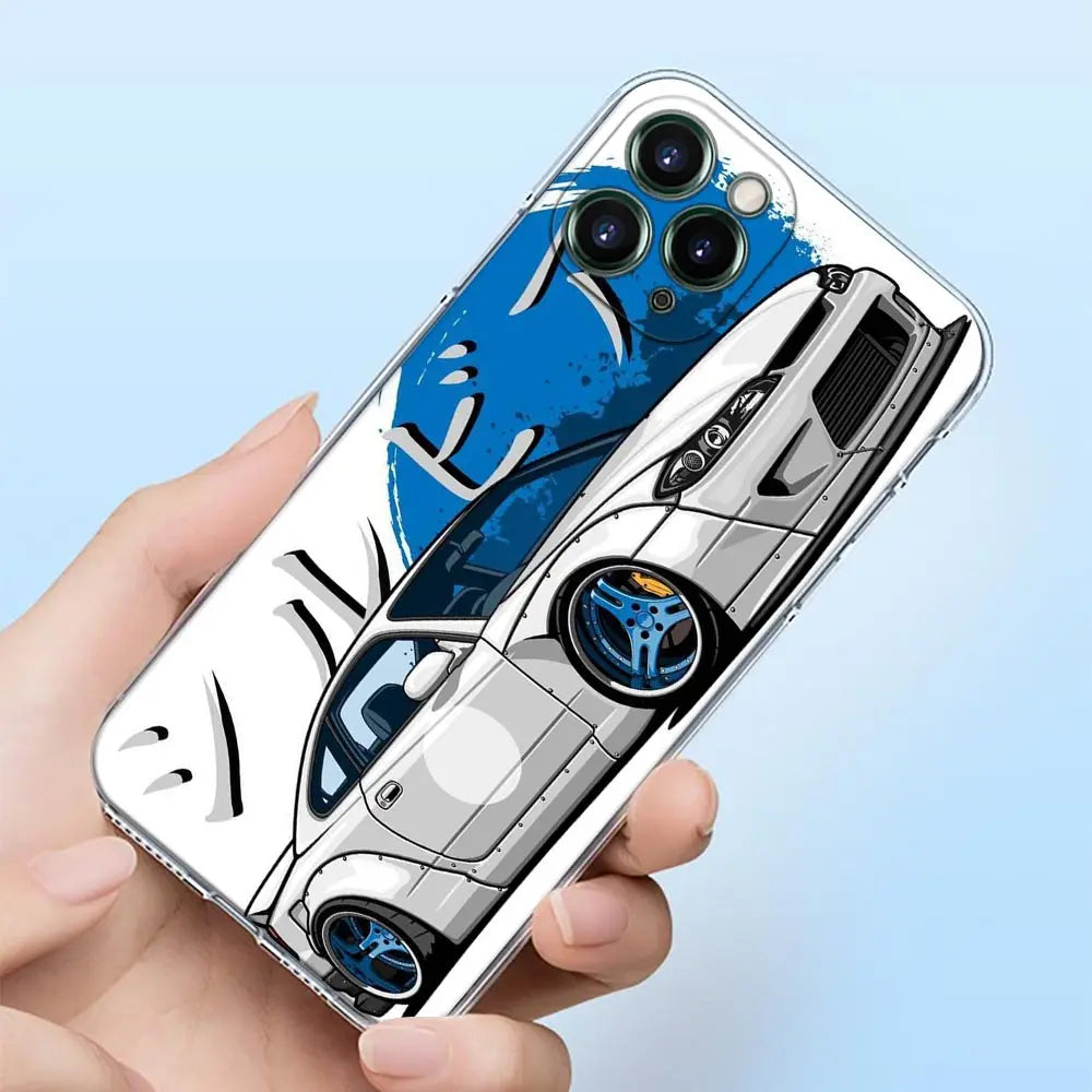 JDM racing phone cases featuring colorful Japanese tuner car artwork and modified sports car designs