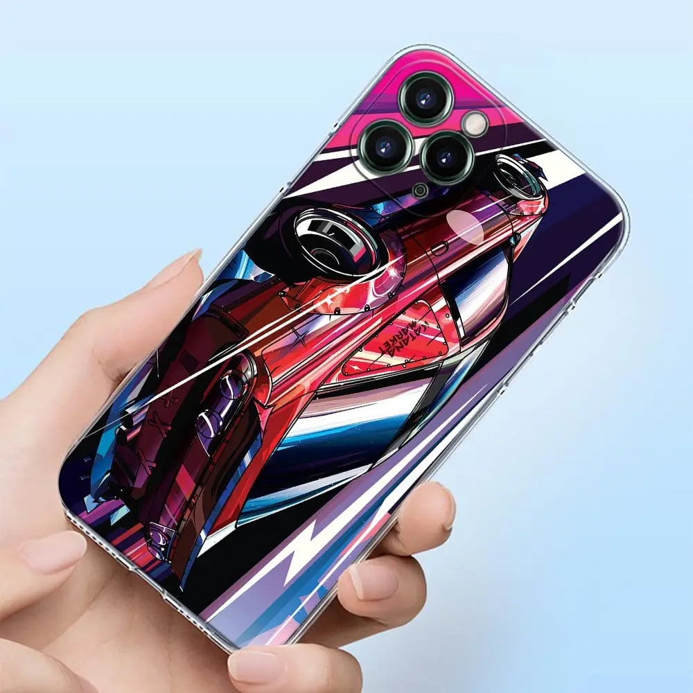 JDM racing phone cases featuring colorful Japanese tuner car artwork and modified sports car designs