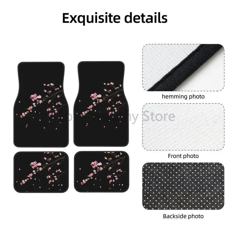 Black car floor mats with pink Japanese cherry blossom sakura design, front and rear set