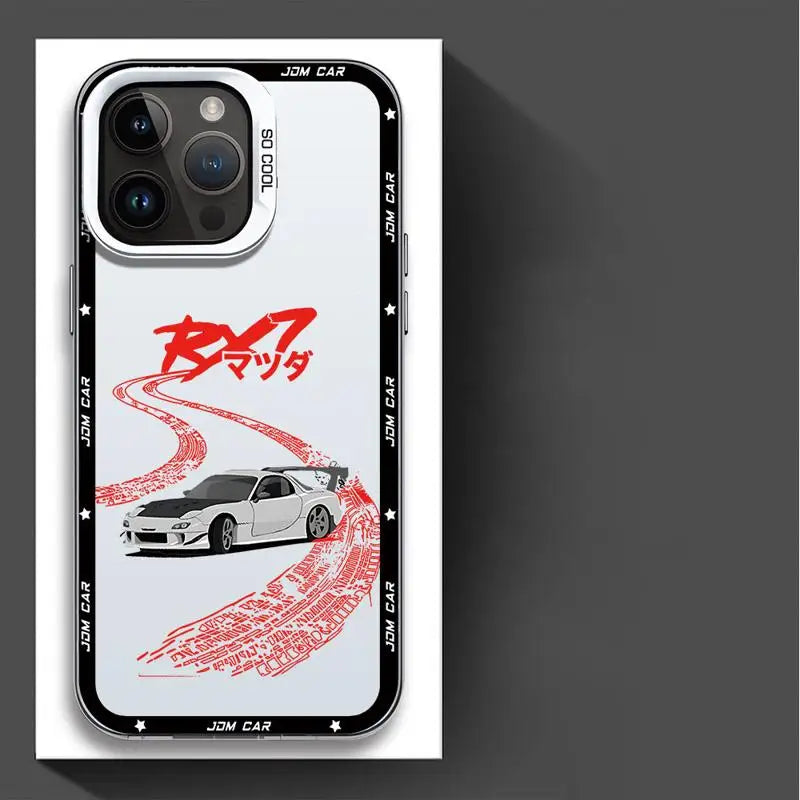 JDM phone cases featuring Japanese tuner car artwork with Skyline, Silvia, and Lancer-inspired designs