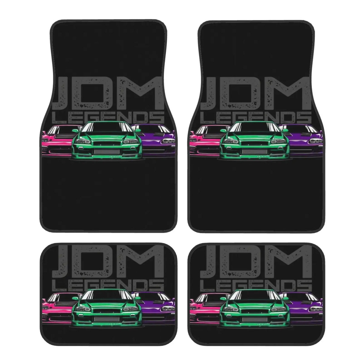 JDM Legends car floor mats featuring colorful Japanese sports cars on a black background inside a vehicle interior